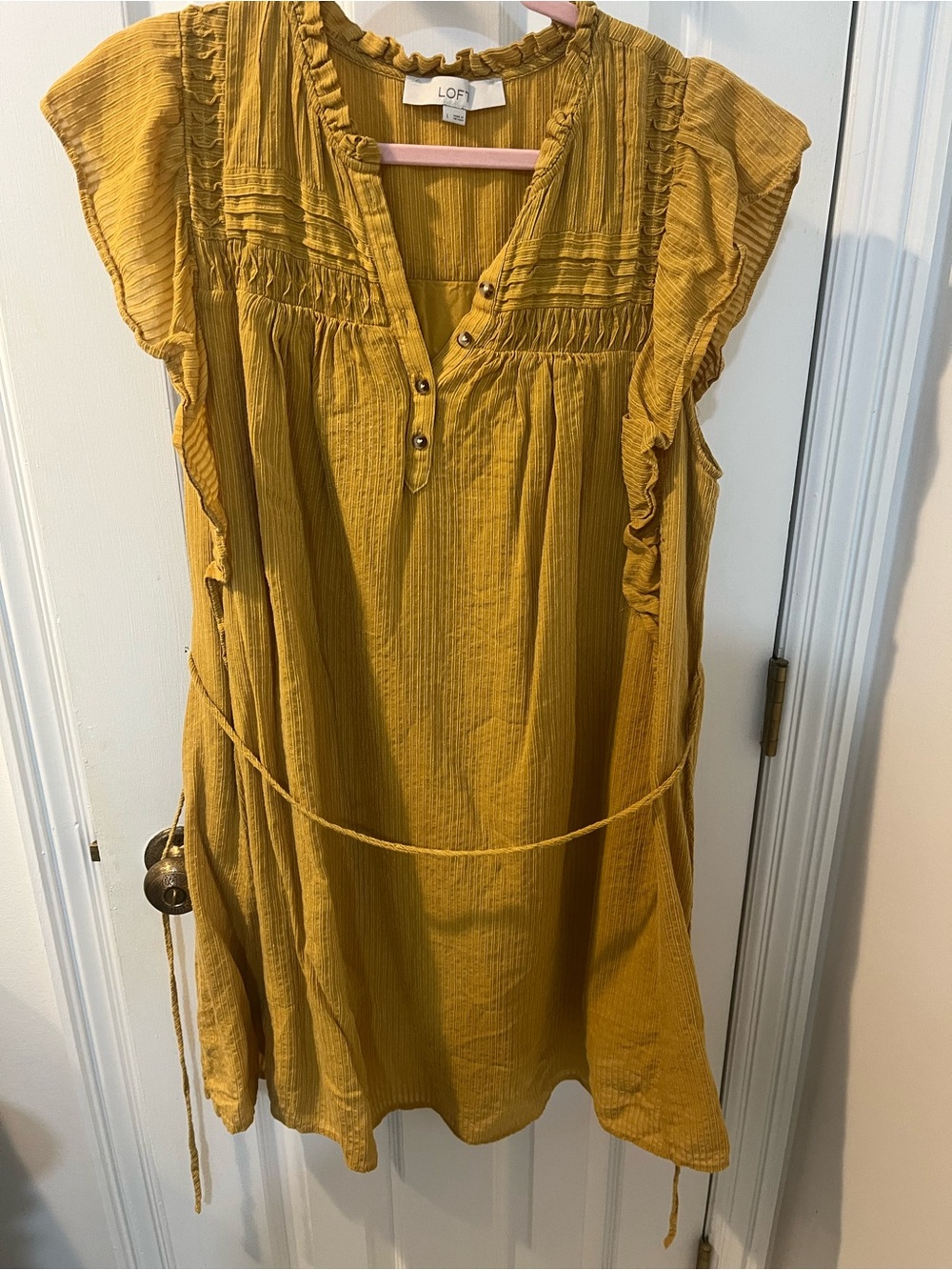 LOFT Yellow Ruffle-Sleeve Dress with Waist Tie